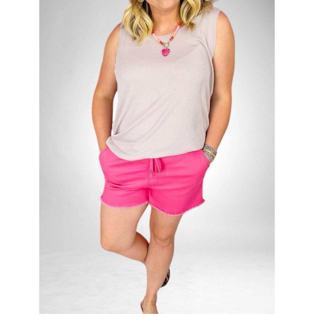 YMI Pink Denim Short Pull On Drawstring Frayed Hem High Rise Stretch Summer Plus - Picture 13 of 15